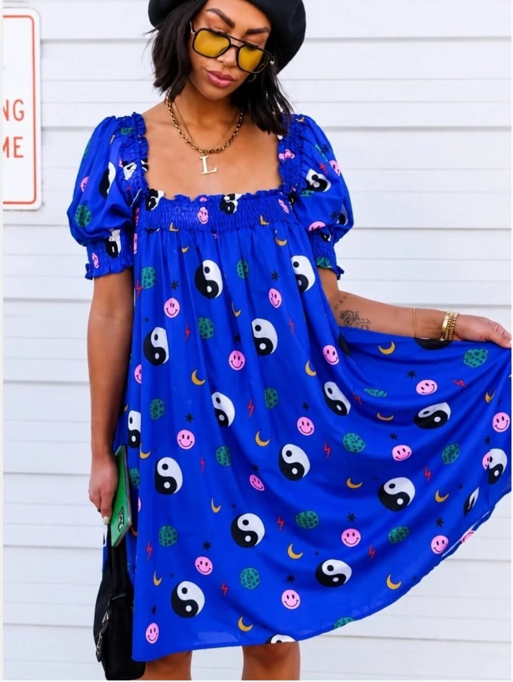 Dressed In LALA NWT Royal Blue Puff-sleeves Yin Yang Smiley Mini Dress Pockets M